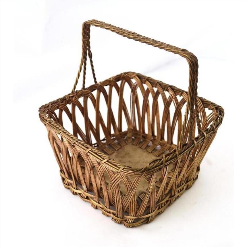 Silver nickel wire square basket with handle and open weave, shown on a white background.