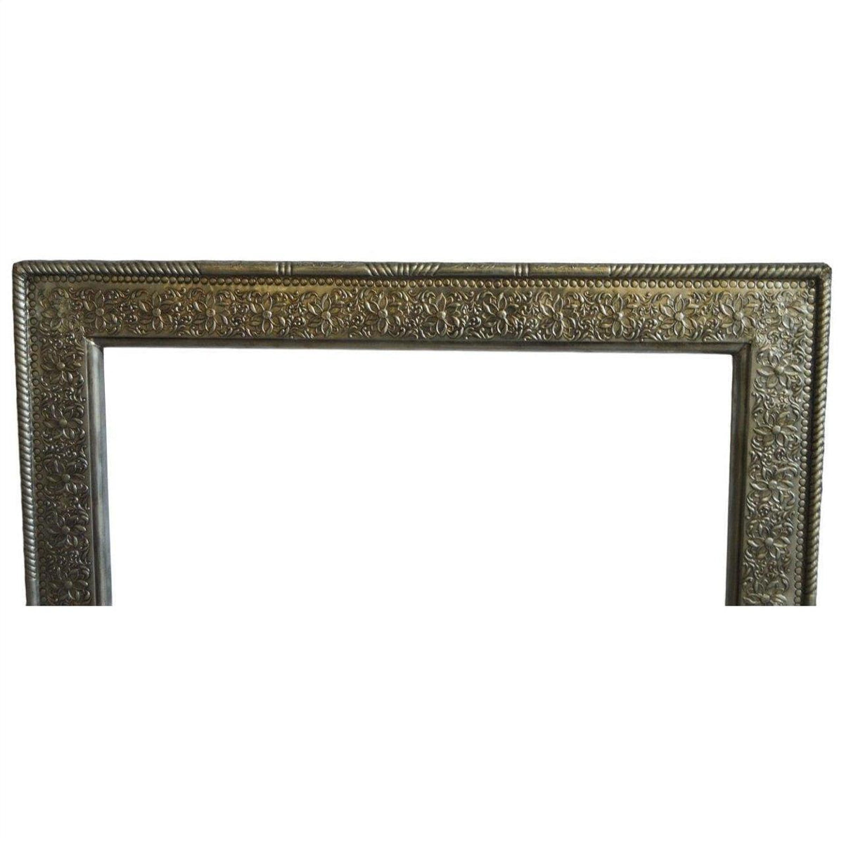 Silver-nickel Indian repoussé rectangular frame with ornate embossed patterns on a white background, close-up view.