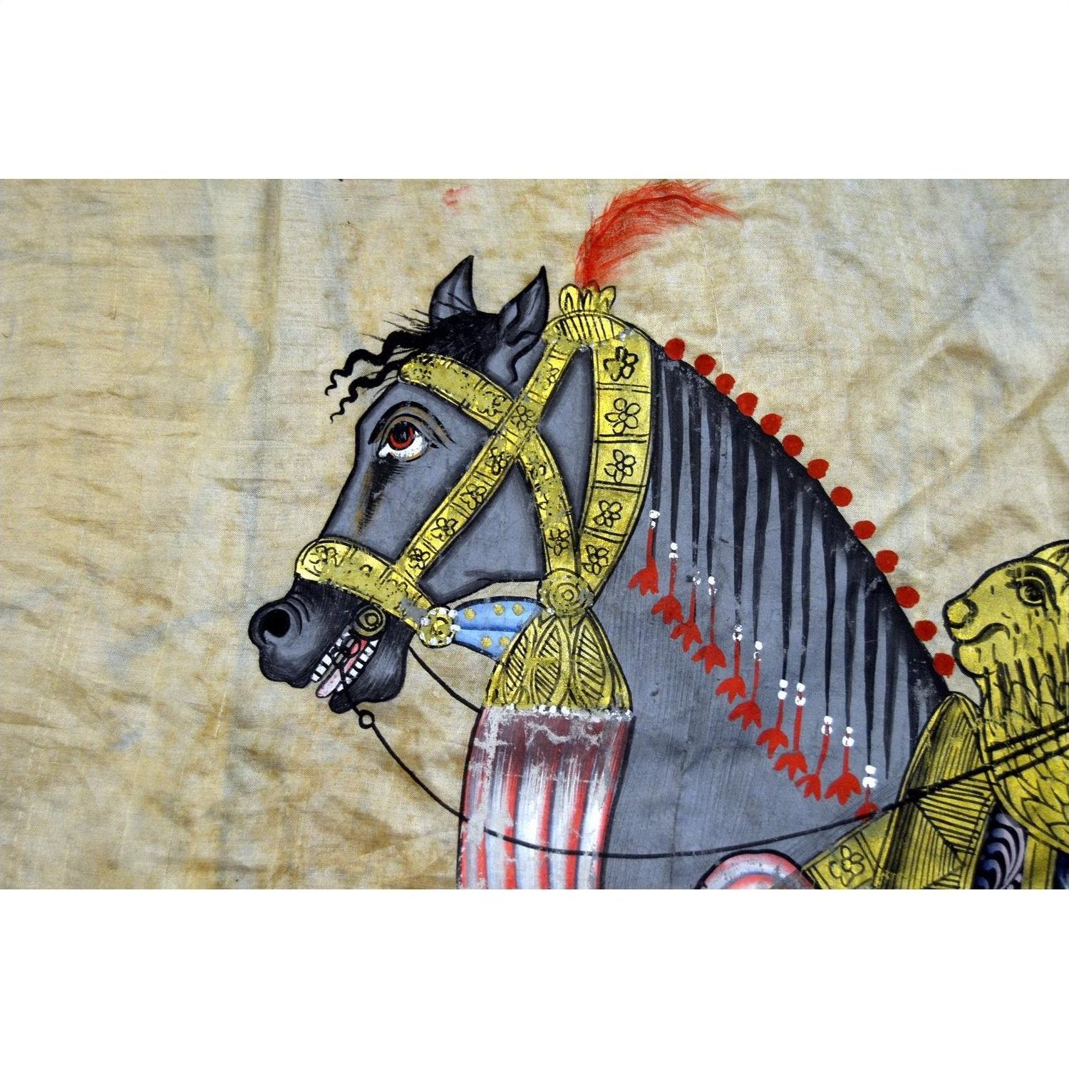 Colorful textile tapestry of a decorated horse with ornate bridle, some paint loss, size 33.5" x 22.5.