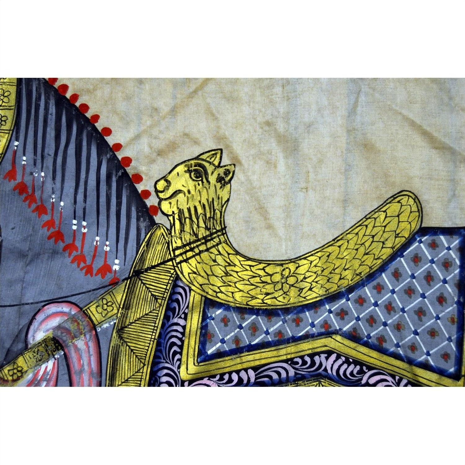 Colorful fabric Indian horse tapestry with geometric background, 33.5"x22.5", visible paint loss.