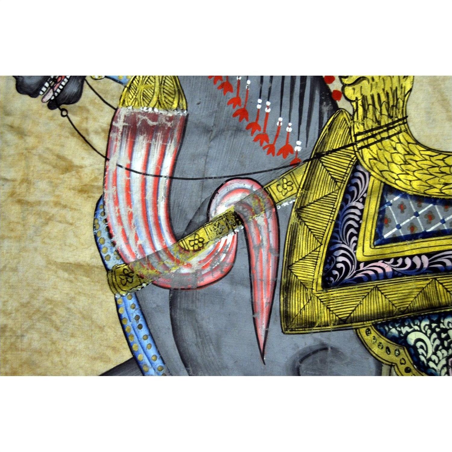 Close-up of colorful Indian horse tapestry with intricate patterns and saddle, textile, 33.5" x 22.5", used condition.