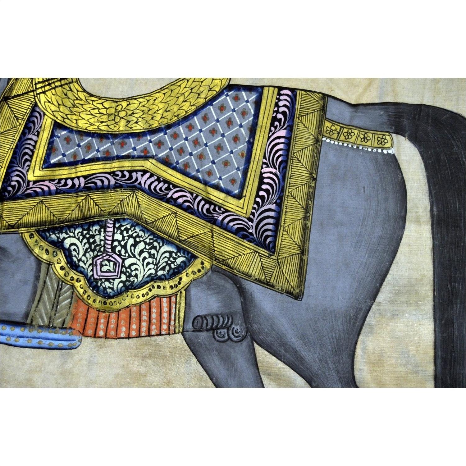 Close-up of colorful Indian Royal Horse Tapestry showing detailed gold patterns and ornate textile decorations.