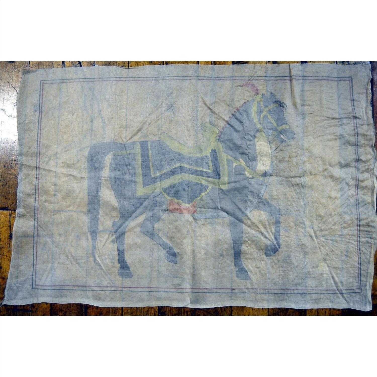 Multicolor fabric tapestry with saddled horse drawing and simple rectangular border, size 33.5" x 22.5.