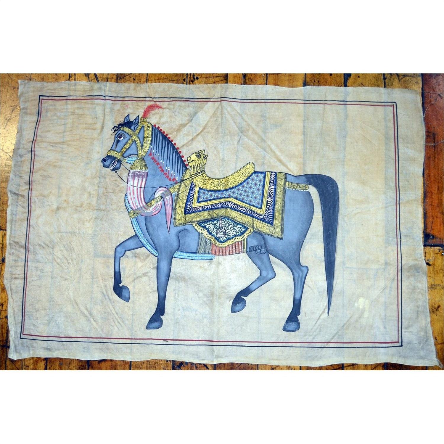Blue horse painting on Indian tapestry with red border, used, textile art, 33.5"x22.5.