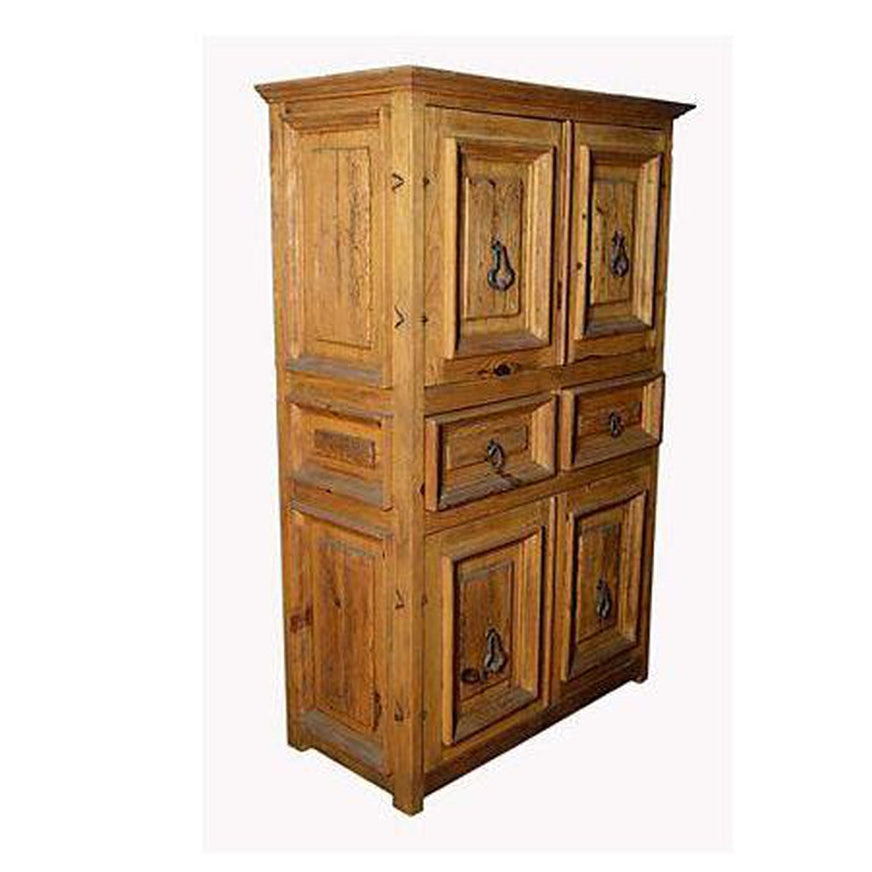 Natural wood armoire with four doors, two drawers, and metal handles, shown against a neutral background indoors.