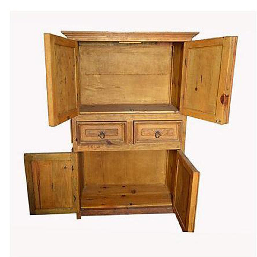 Natural wood armoire with open doors, two drawers, and empty shelves, Indonesian style, 1960s.