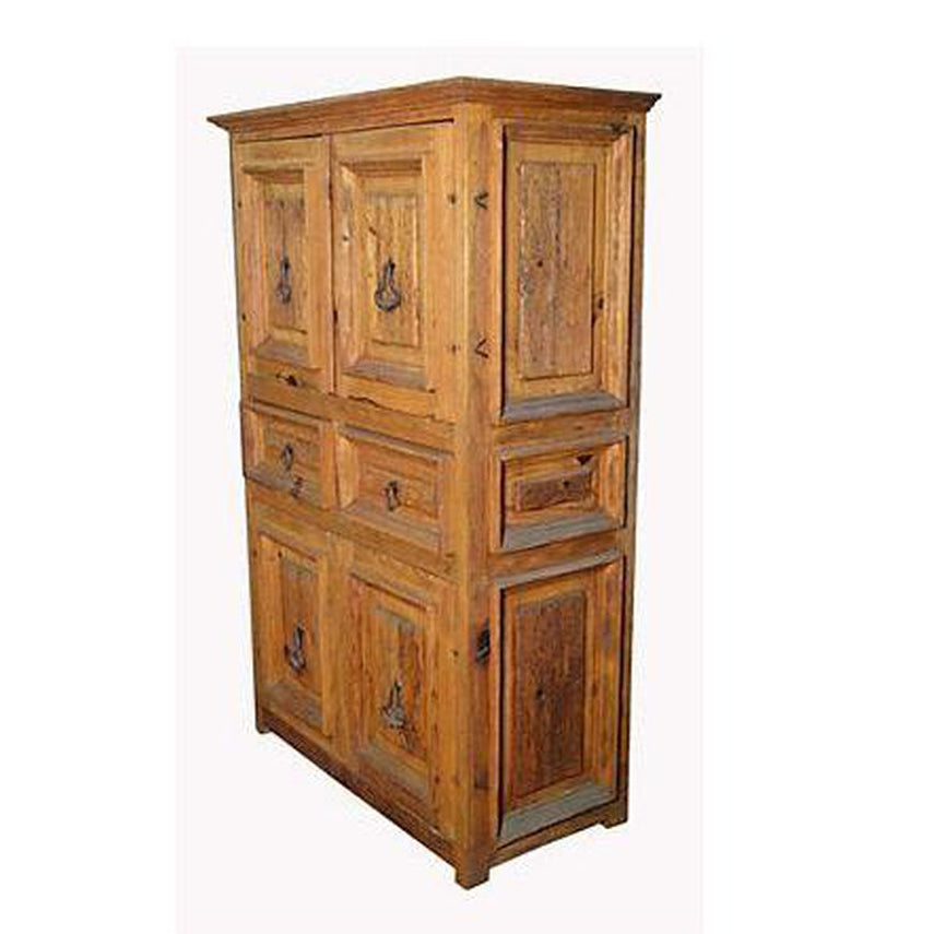 Natural wood armoire with paneled doors and metal handles in rustic style, Indonesian design, against a plain background.