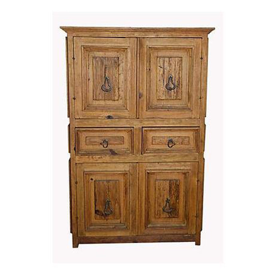 Natural wood armoire with four doors, two drawers, metal handles, rustic detailing, photographed indoors.