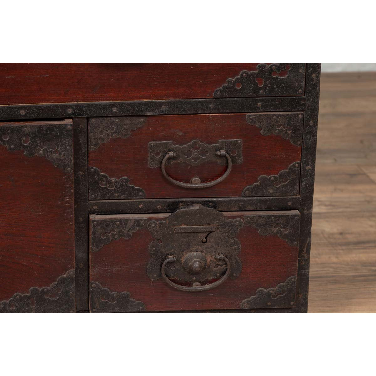 Japanese 19th Century Lacquered Sendai Clothing Tansu with Elaborate Hardware-8. Asian &amp; Chinese Furniture, Art, Antiques, Vintage Home Décor for sale at FEA Home