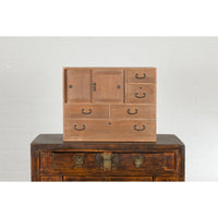 Japanese Antique Kiri Wood Miniature Tansu Chest with Sliding Doors and Drawers
