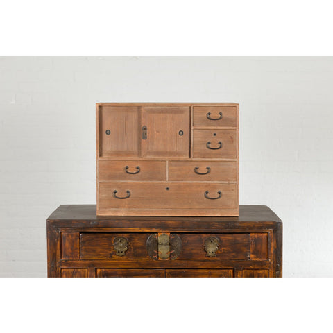 Japanese Antique Kiri Wood Miniature Tansu Chest with Sliding Doors and Drawers