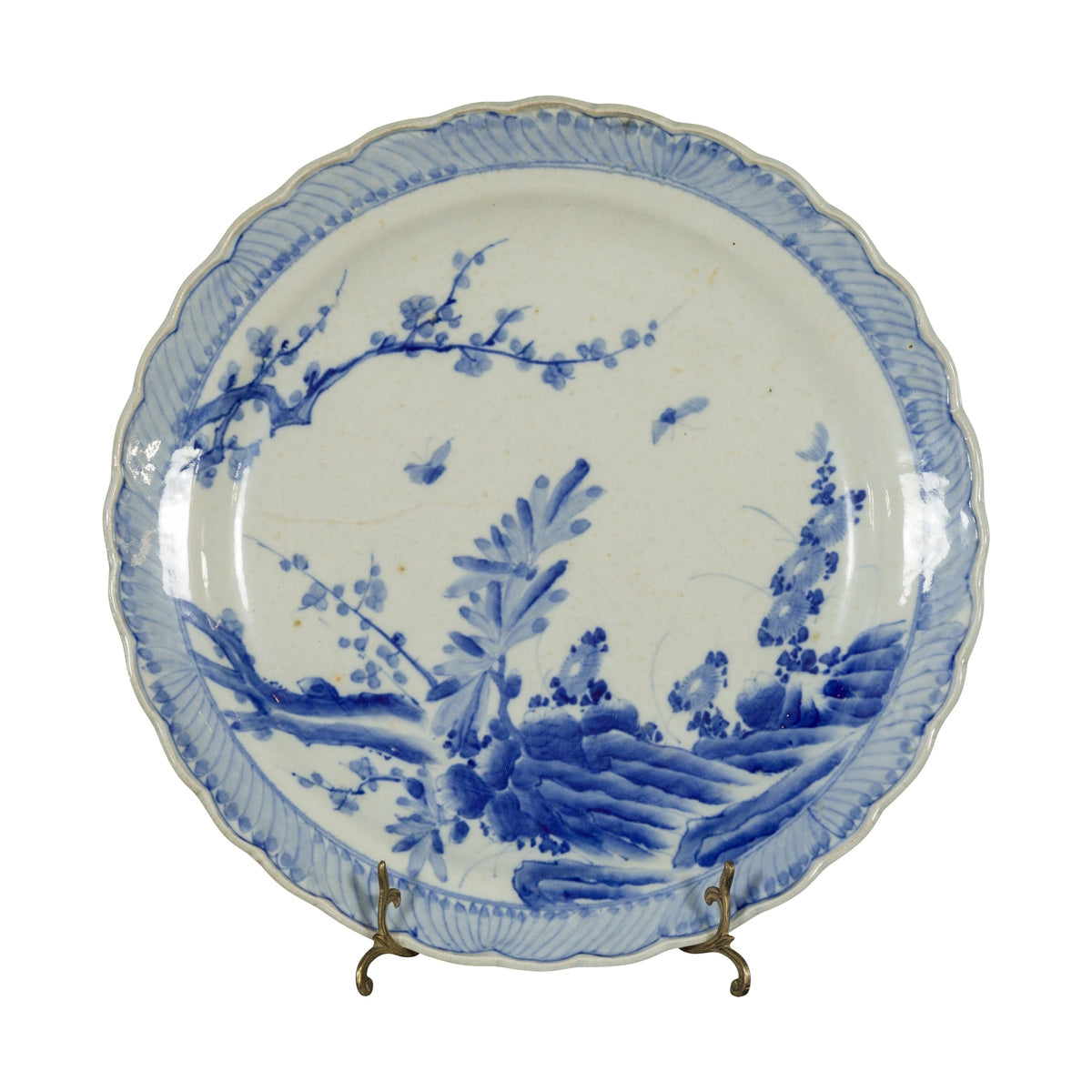 Japanese Blue and White Hand-Painted Porcelain Charger Plate with Foliage Décor-1. Asian & Chinese Furniture, Art, Antiques, Vintage Home Décor for sale at FEA Home
