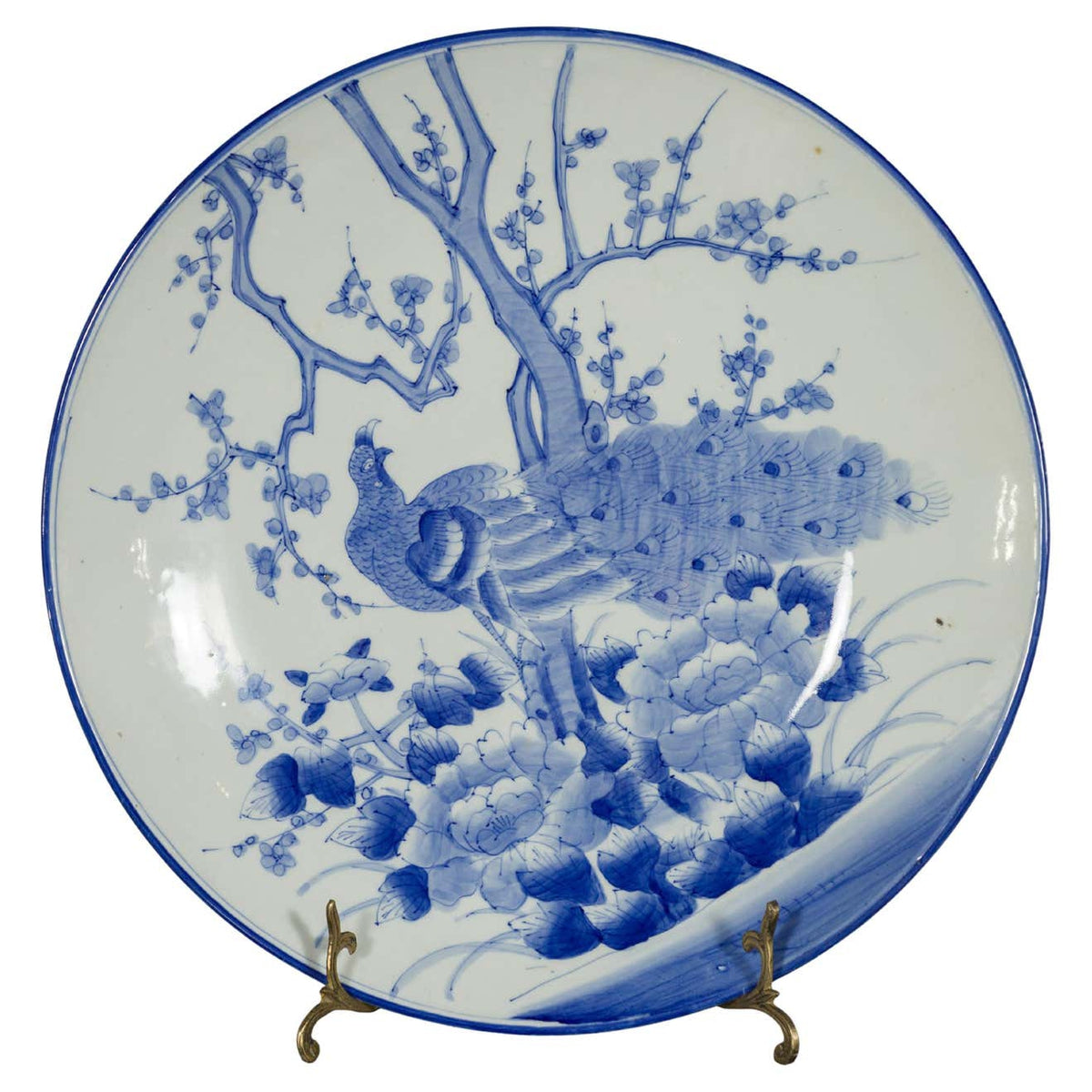 Japanese Blue and White Hand-Painted Porcelain Charger Plate with Peacock Bird-1. Asian & Chinese Furniture, Art, Antiques, Vintage Home Décor for sale at FEA Home