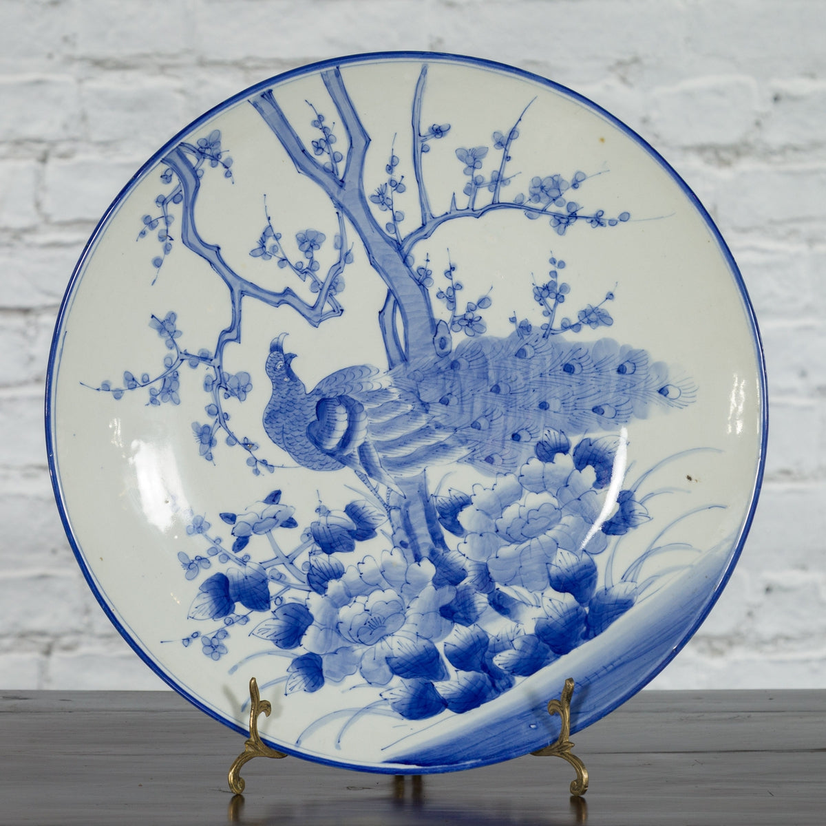 Japanese Blue and White Hand-Painted Porcelain Charger Plate with Peacock Bird-2. Asian & Chinese Furniture, Art, Antiques, Vintage Home Décor for sale at FEA Home