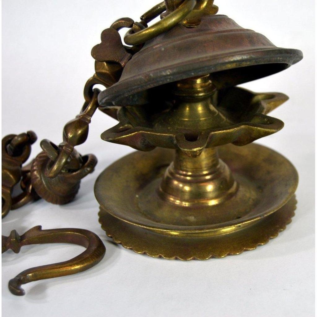 Brass Japanese temple incense burner with chain, 19 inches long, on a white background.