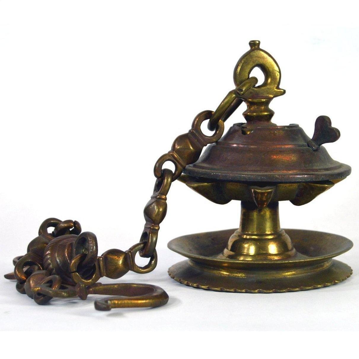 Brass Japanese temple incense burner with lid, spout, and chain, 19" long, in very good condition.