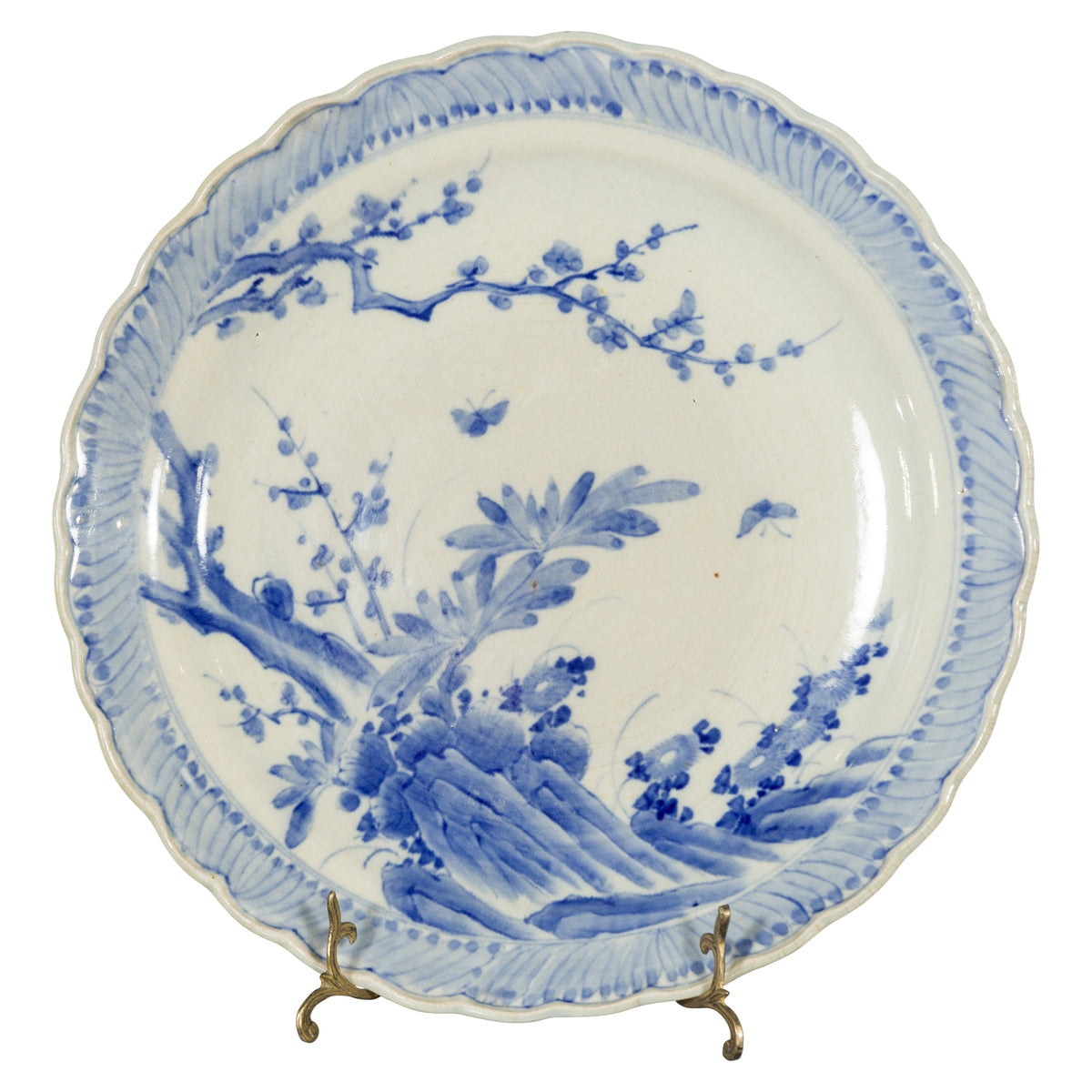 Japanese Hand-Painted Blue and White Porcelain Charger Plate with Foliage Décor-1. Asian & Chinese Furniture, Art, Antiques, Vintage Home Décor for sale at FEA Home