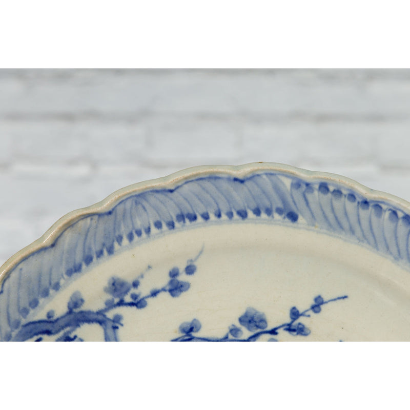 Japanese Hand-Painted Blue and White Porcelain Charger Plate with Foliage Décor-10. Asian & Chinese Furniture, Art, Antiques, Vintage Home Décor for sale at FEA Home