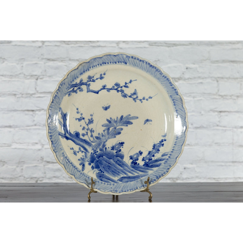 This-is-a-picture-of-a-Japanese Hand-Painted Blue and White Porcelain Charger Plate with Foliage Décor-with-image-position-2-style-YN5722-Shop-for-Vintage-and-Antique-Asian-and-Chinese-Furniture-for-sale-at-FEA Home-NYC