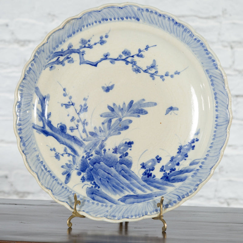 Japanese Hand-Painted Blue and White Porcelain Charger Plate with Foliage Décor-3. Asian & Chinese Furniture, Art, Antiques, Vintage Home Décor for sale at FEA Home