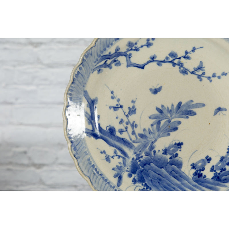 This-is-a-picture-of-a-Japanese Hand-Painted Blue and White Porcelain Charger Plate with Foliage Décor-with-image-position-5-style-YN5722-Shop-for-Vintage-and-Antique-Asian-and-Chinese-Furniture-for-sale-at-FEA Home-NYC