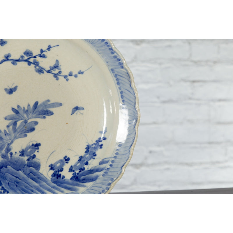 This-is-a-picture-of-a-Japanese Hand-Painted Blue and White Porcelain Charger Plate with Foliage Décor-with-image-position-6-style-YN5722-Shop-for-Vintage-and-Antique-Asian-and-Chinese-Furniture-for-sale-at-FEA Home-NYC