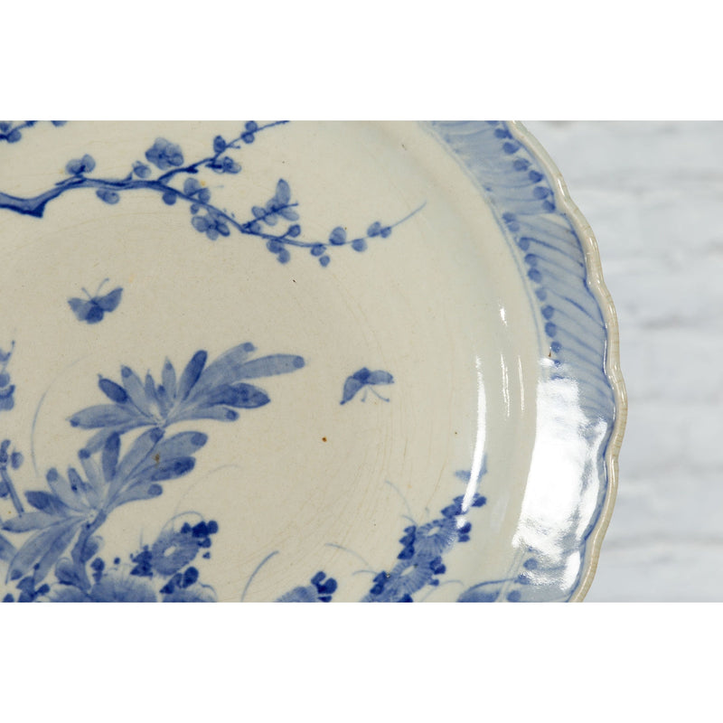 Japanese Hand-Painted Blue and White Porcelain Charger Plate with Foliage Décor-9. Asian & Chinese Furniture, Art, Antiques, Vintage Home Décor for sale at FEA Home
