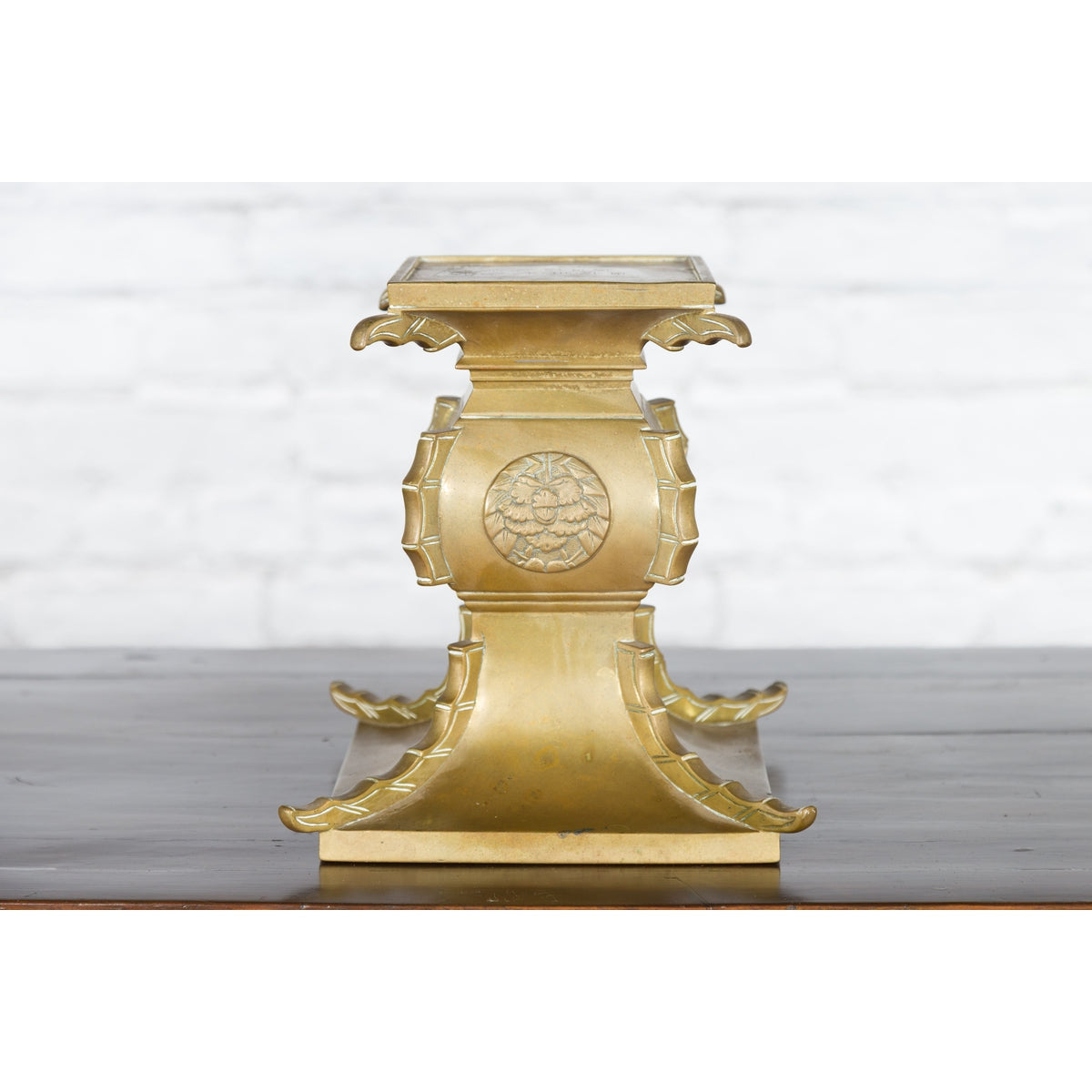 Japanese Meiji Period Brass Candle Holder with Scrolls and Medallions-14. Asian &amp; Chinese Furniture, Art, Antiques, Vintage Home Décor for sale at FEA Home