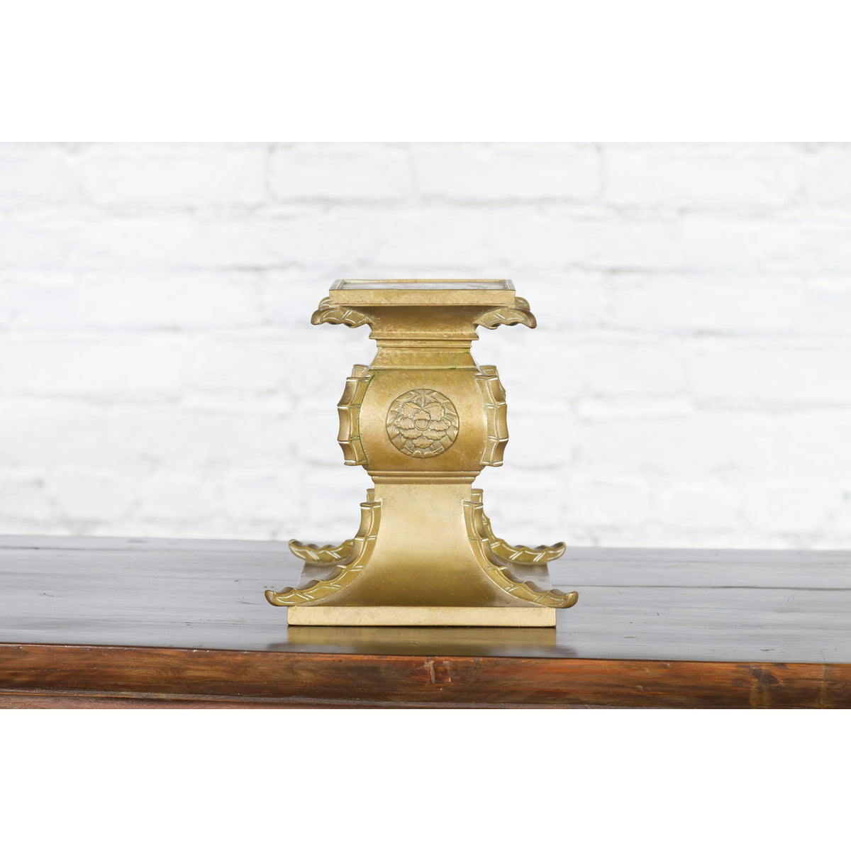 Japanese Meiji Period Brass Candle Holder with Scrolls and Medallions-2. Asian & Chinese Furniture, Art, Antiques, Vintage Home Décor for sale at FEA Home