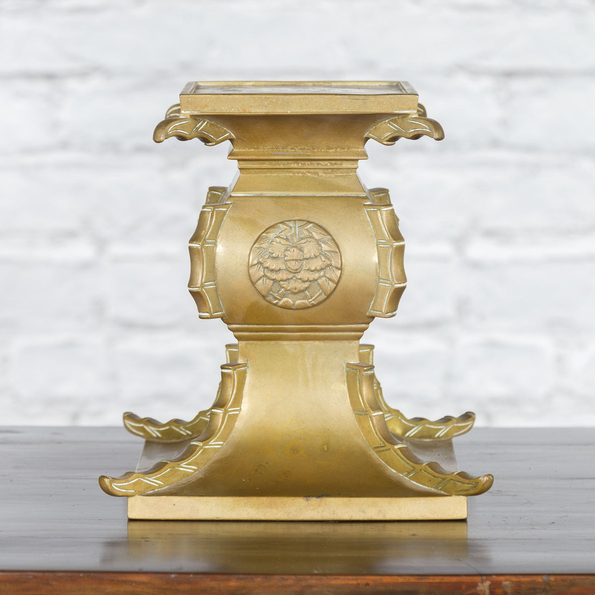 Japanese Meiji Period Brass Candle Holder with Scrolls and Medallions-7. Asian &amp; Chinese Furniture, Art, Antiques, Vintage Home Décor for sale at FEA Home
