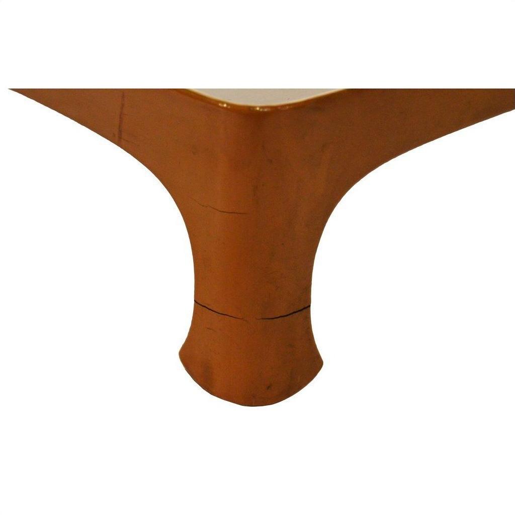 Close-up of brown lacquered bamboo tea tray leg with cracks near the base, on white background.