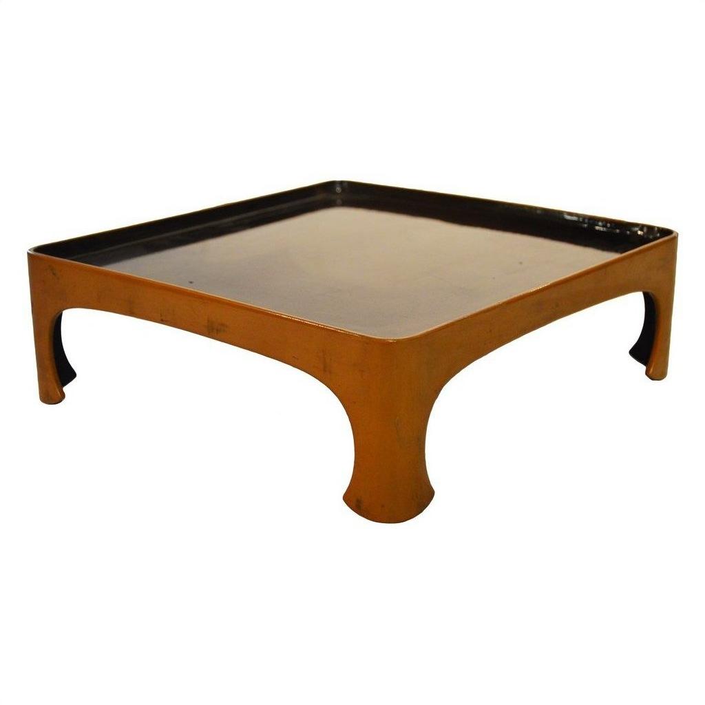 Glossy black lacquered bamboo tray with brown sides on white background.