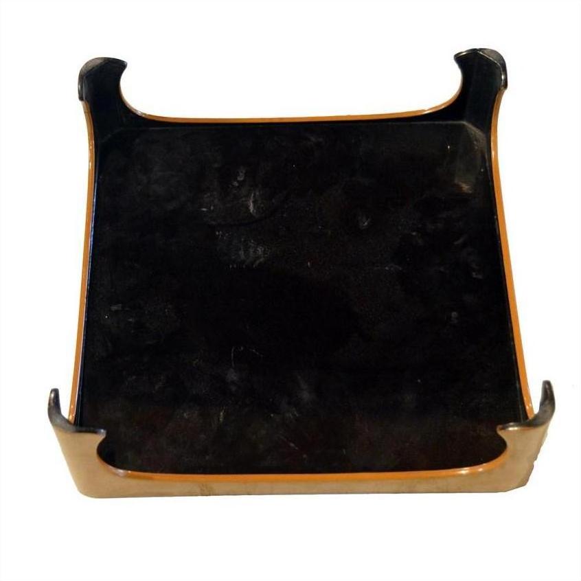 Brown lacquered bamboo tea ceremony tray with raised edges, Taisho period style, close-up on plain background.