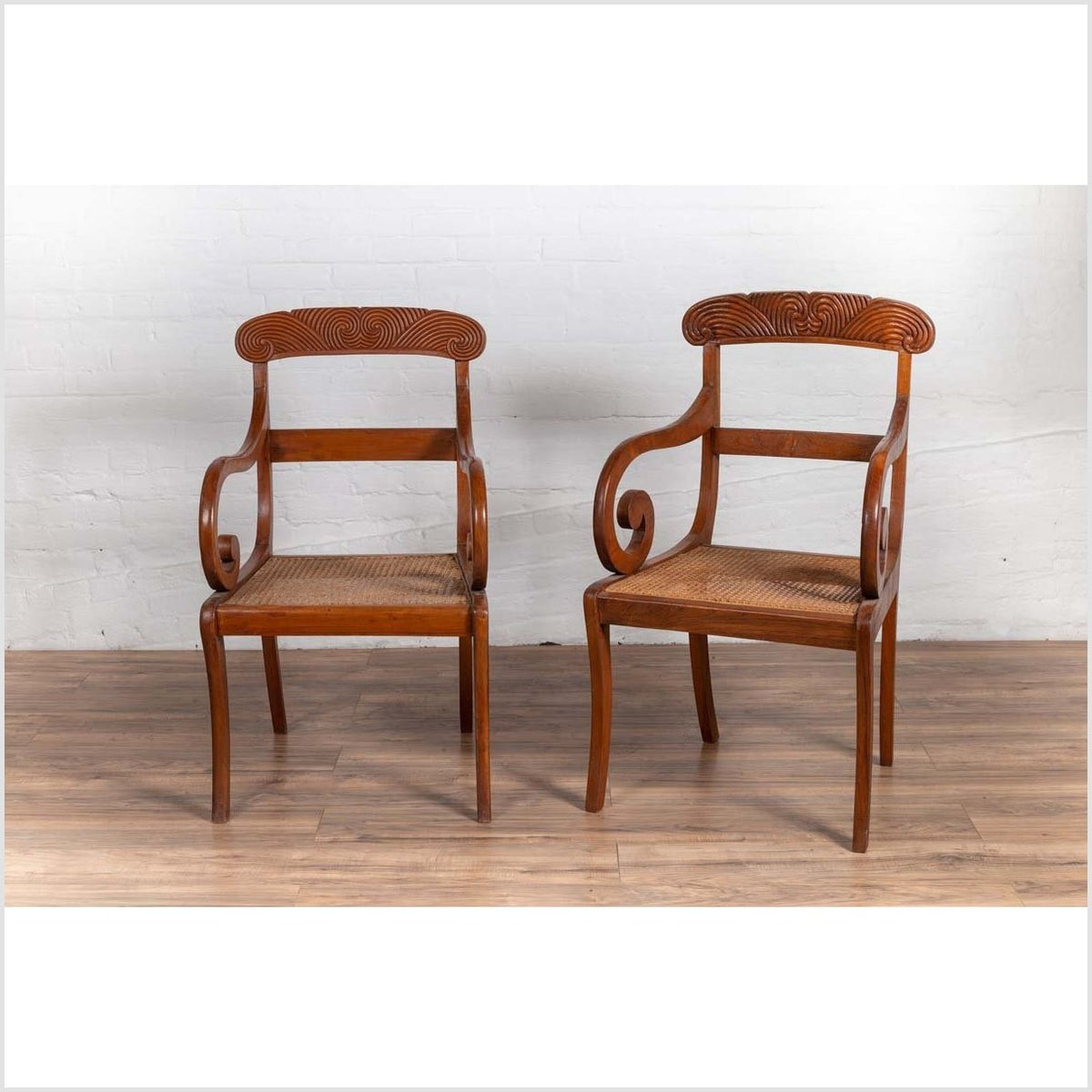 Javanese Antique Armchair with Carved Rail, Woven Rattan Seat and Curving Arms-3. Asian &amp; Chinese Furniture, Art, Antiques, Vintage Home Décor for sale at FEA Home