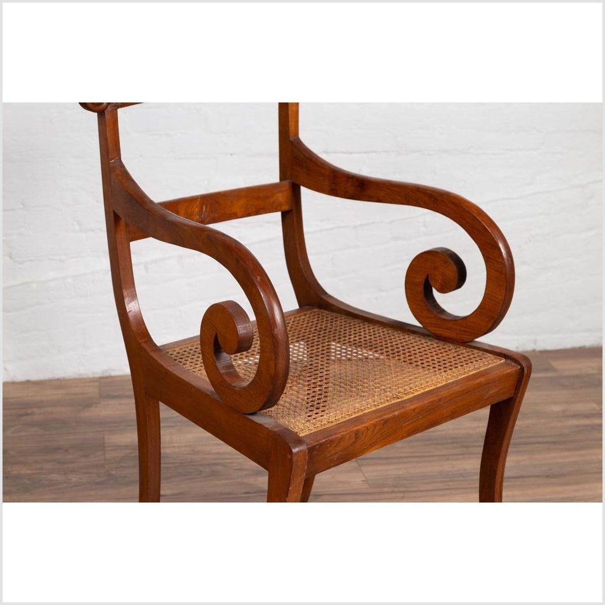 Javanese Antique Armchair with Carved Rail, Woven Rattan Seat and Curving Arms-6. Asian &amp; Chinese Furniture, Art, Antiques, Vintage Home Décor for sale at FEA Home
