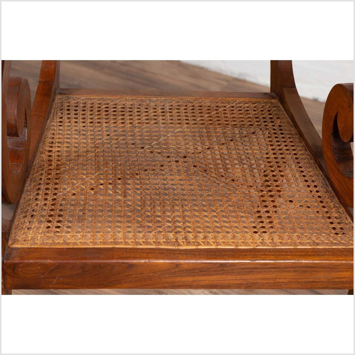 Javanese Antique Armchair with Carved Rail, Woven Rattan Seat and Curving Arms-9. Asian &amp; Chinese Furniture, Art, Antiques, Vintage Home Décor for sale at FEA Home