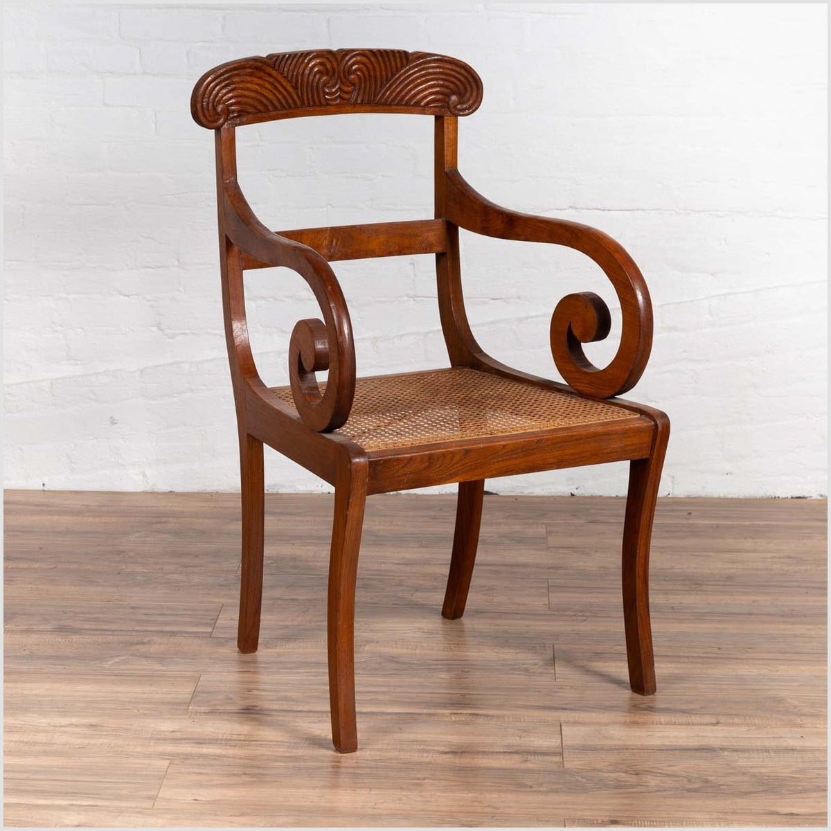 Javanese Antique Armchair with Carved Rail, Woven Rattan Seat and Curving Arms-2. Asian & Chinese Furniture, Art, Antiques, Vintage Home Décor for sale at FEA Home