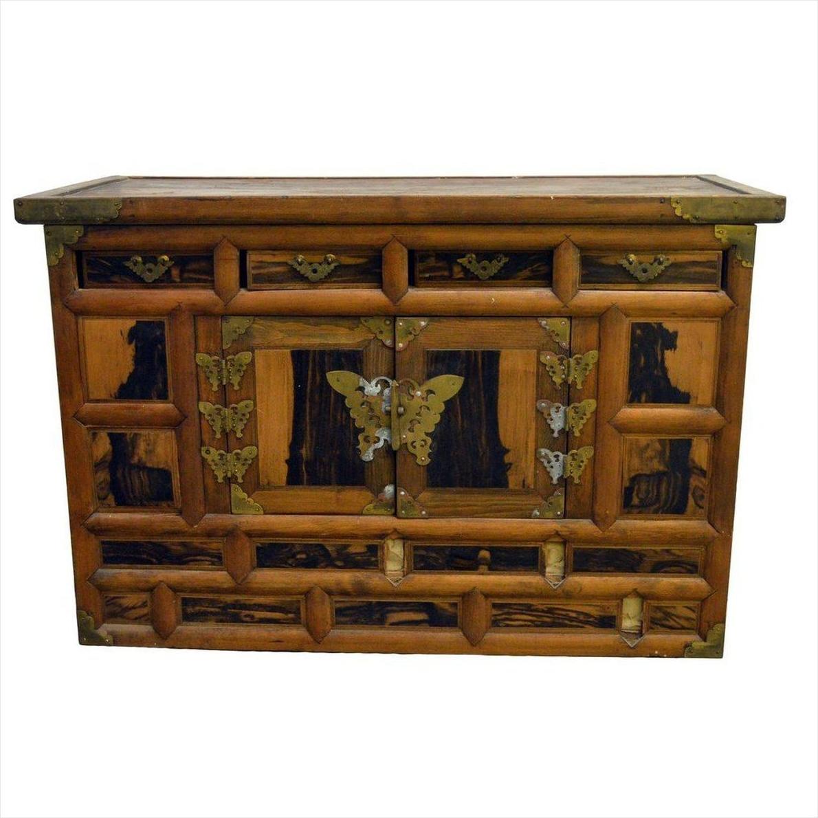Dark wood antique Korean chest with butterfly brass hardware, 19th-century style, front panel view.