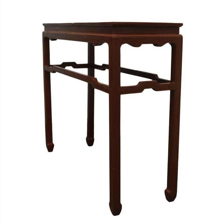 Black lacquered wood Asian altar table with four straight legs and decorative supports, vintage office decor setting.