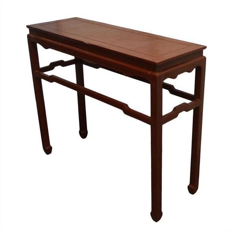 Black lacquered wood altar table with four straight legs and side stretchers, suitable for an office room setting.