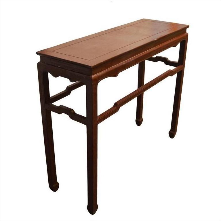 Black lacquered wood Asian altar table with narrow rectangular top, four straight legs, and vintage detailing.