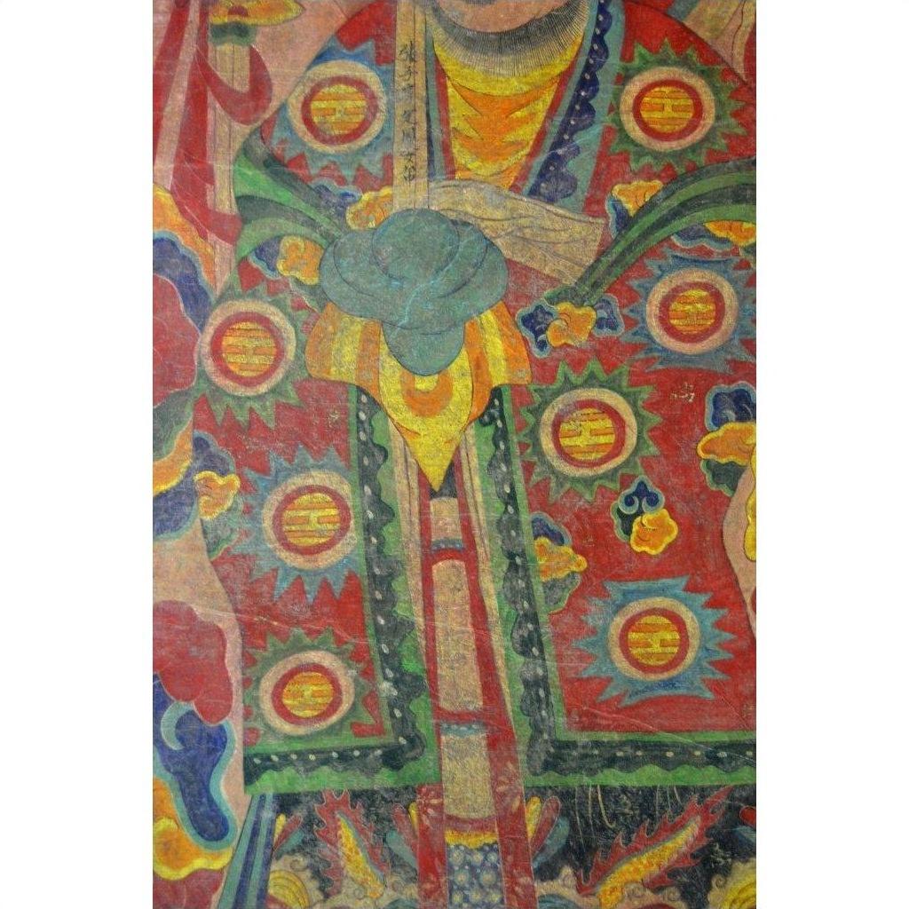 Close-up of a vibrant Laotian parchment painting featuring ornate geometric patterns in good condition.