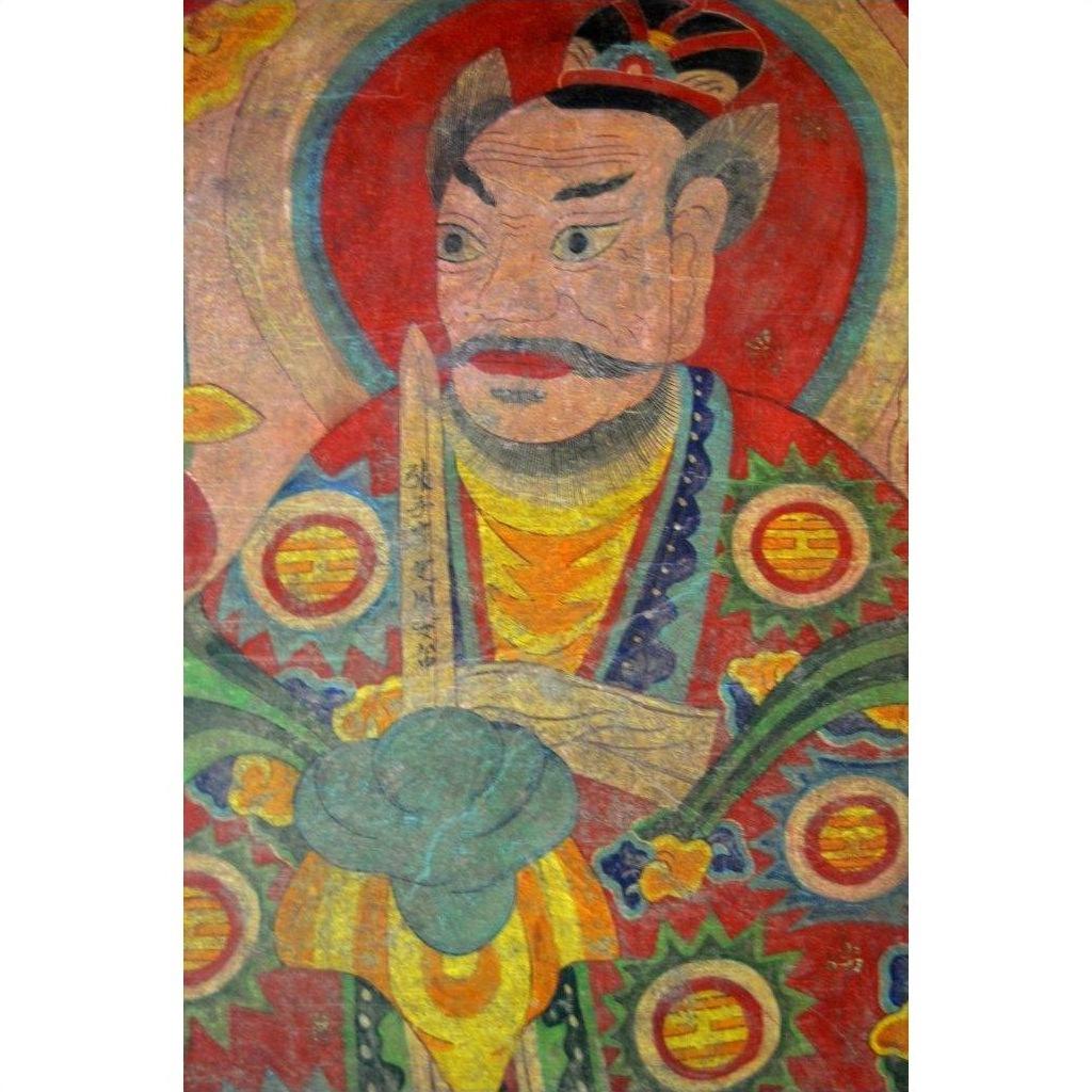 Colorful parchment painting featuring stern man in ornate robes with sword and red halo, Laotian art, close-up.