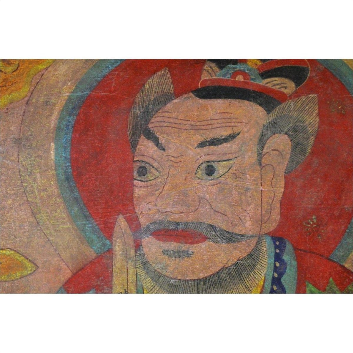 Colorful parchment painting featuring a stern, mustached man holding a sword on a red and blue background.