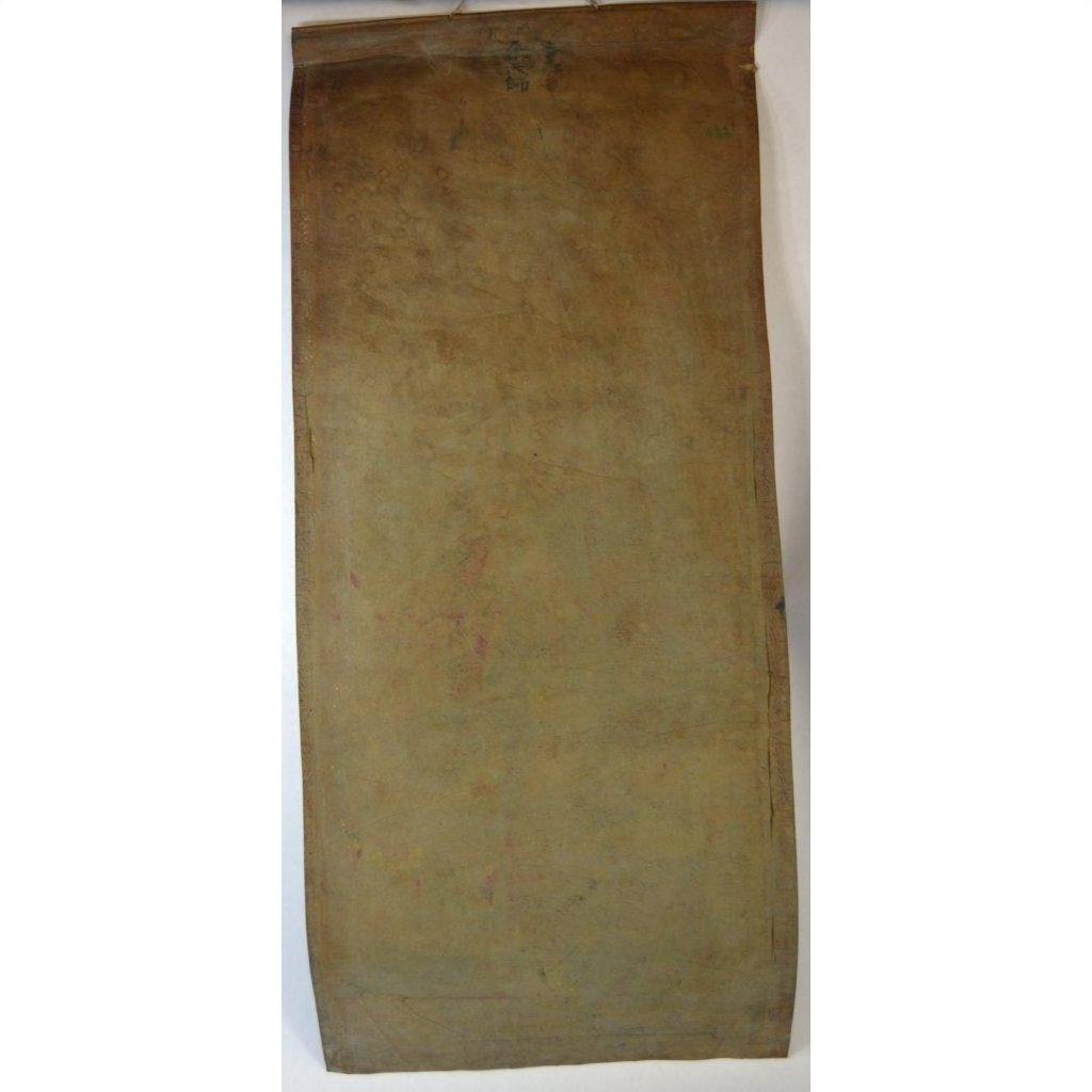 Brownish-tan parchment, rectangular Laotian painting with slightly curled edges, good condition.