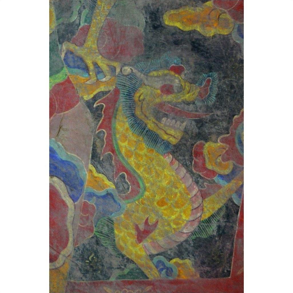 Colorful parchment painting with yellow-scaled dragon, red claws, green mane on dark background, good condition.