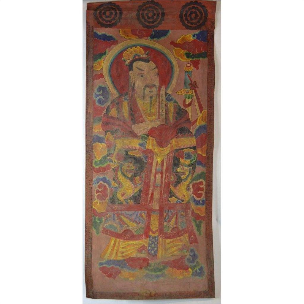 Colorful Laotian parchment painting of bearded figure in ornate robes with sword, halo, and clouds; good condition.