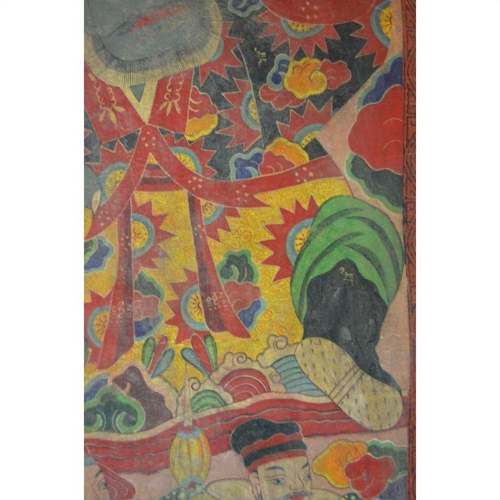 Colorful red, yellow, and green Laotian parchment painting with partial figure at bottom, good condition.