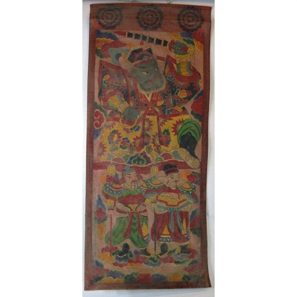 Colorful parchment painting with two figures and horse in ornate dress, vibrant patterns, traditional Laotian art.