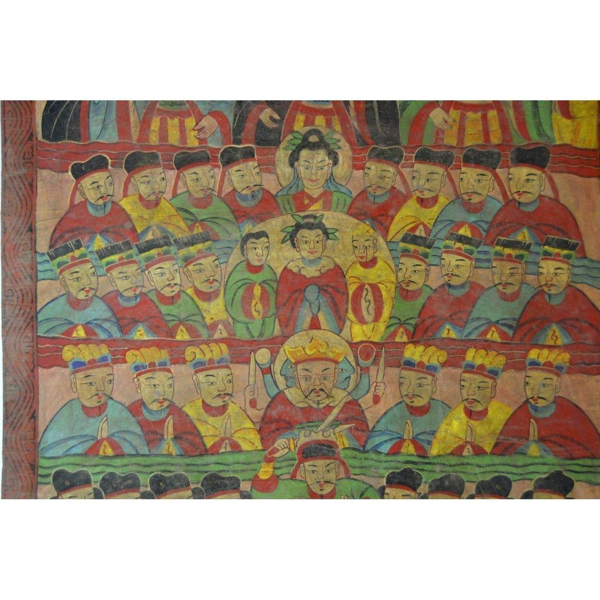 Colorful parchment painting of a Laotian emperor with officials in traditional Chinese robes, classic style.